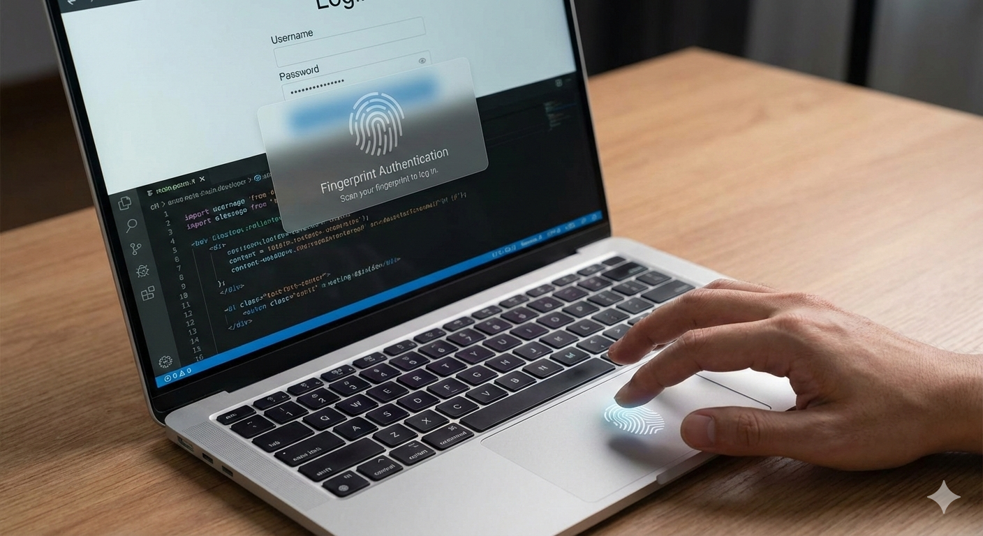 Developer laptop showing a login page with a fingerprint authentication overlay