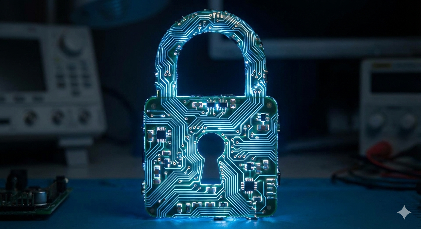 Padlock constructed from circuit board traces, glowing blue